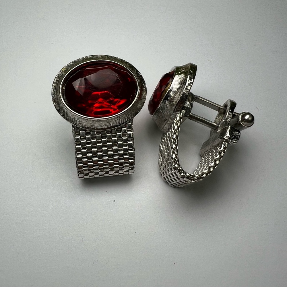 Dante vintage cufflinks red rhinestone silver tone metal